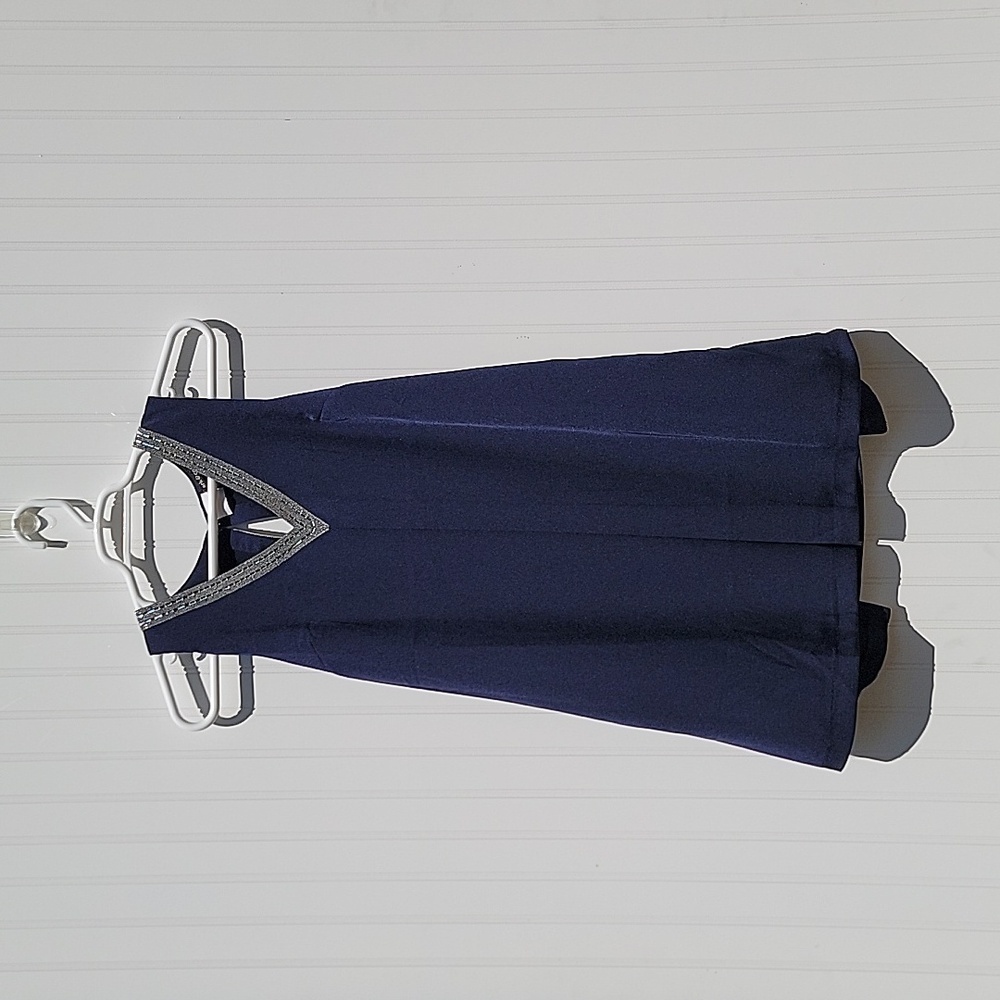 Navy Blue Cocktail Dress Siliver Rinestone Vneck Ark Co Size M - Picture 5 of 10